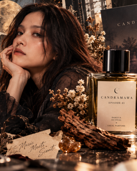 Ilustrasi Danilla Riyadi bersama parfum Candramawa Episode 01 yang terinspirasi dari album musiknya