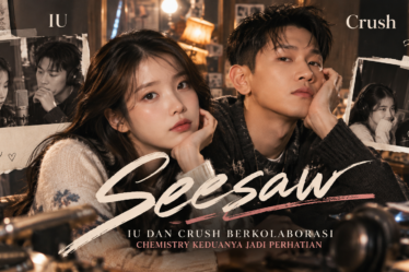 Ilustrasi editorial IU dan Crush dalam suasana studio musik hangat dengan tulisan Seesaw untuk artikel kolaborasi lagu terbaru mereka