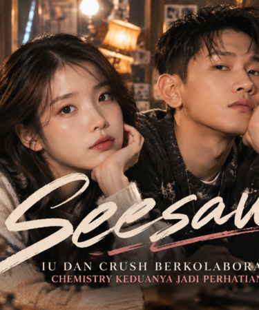 Ilustrasi editorial IU dan Crush dalam suasana studio musik hangat dengan tulisan Seesaw untuk artikel kolaborasi lagu terbaru mereka