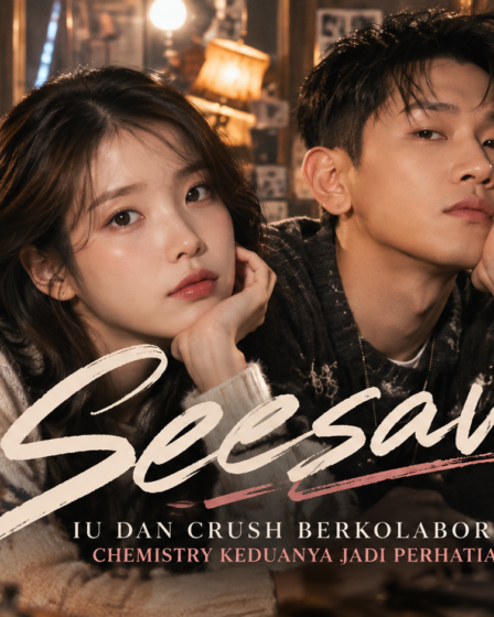 Ilustrasi editorial IU dan Crush dalam suasana studio musik hangat dengan tulisan Seesaw untuk artikel kolaborasi lagu terbaru mereka
