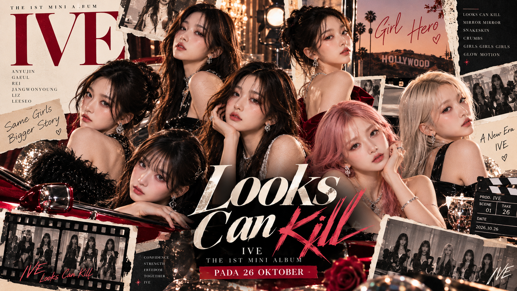 Ilustrasi enam anggota IVE dengan konsep Girl Hero untuk perilisan lagu Looks Can Kill menjelang album baru 26 Oktober 2026